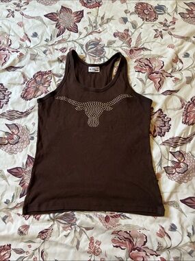 Jensen Brown Tank Top with Studded Longhorn
